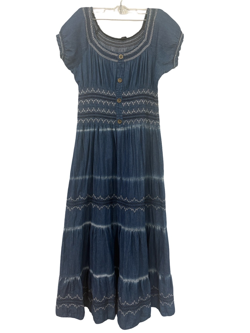 LAPIS BLUE SMOCKED BOHO EMBROIDERED MAXI DRESS SIZE:M